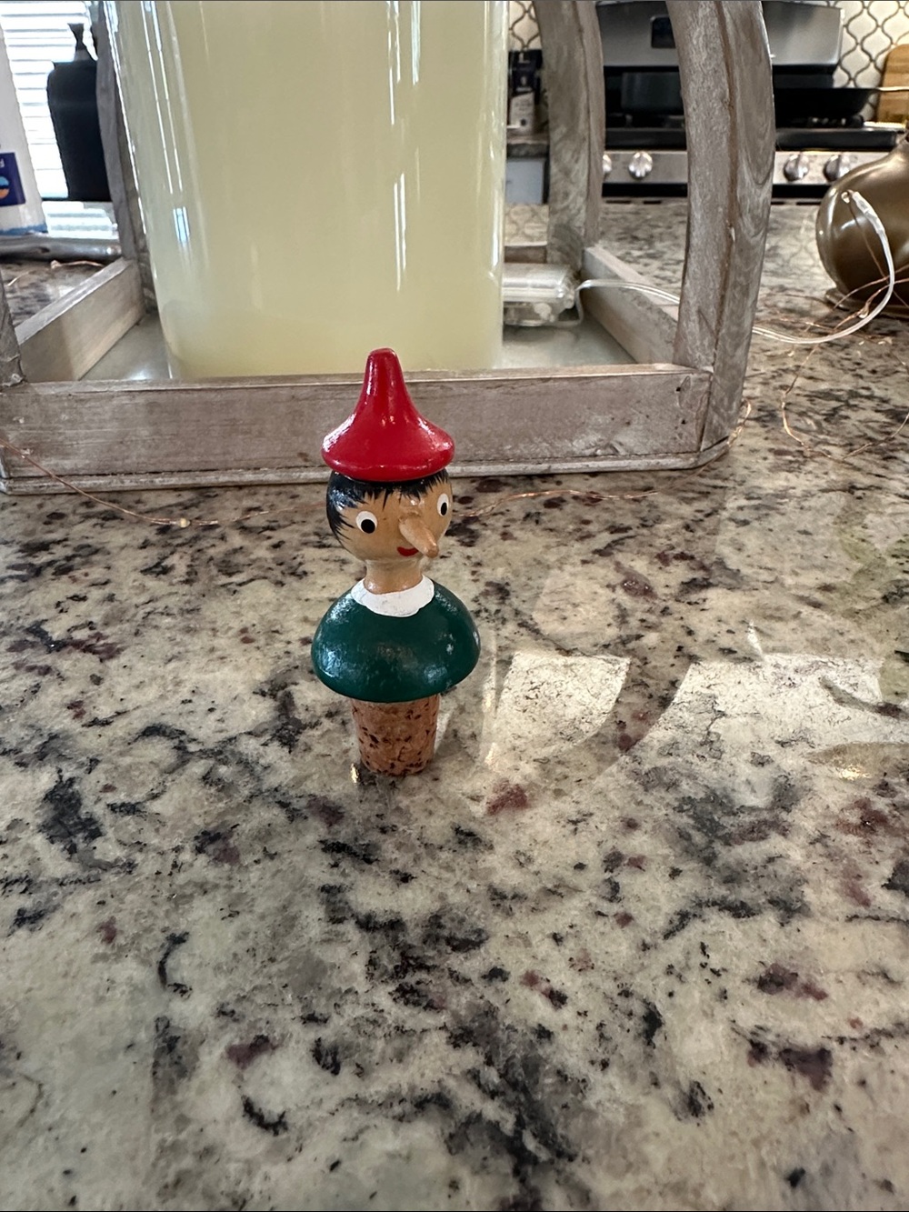 Vintage Hand-Painted Pinocchio Cork Stopper - Red Hat Green Shirt